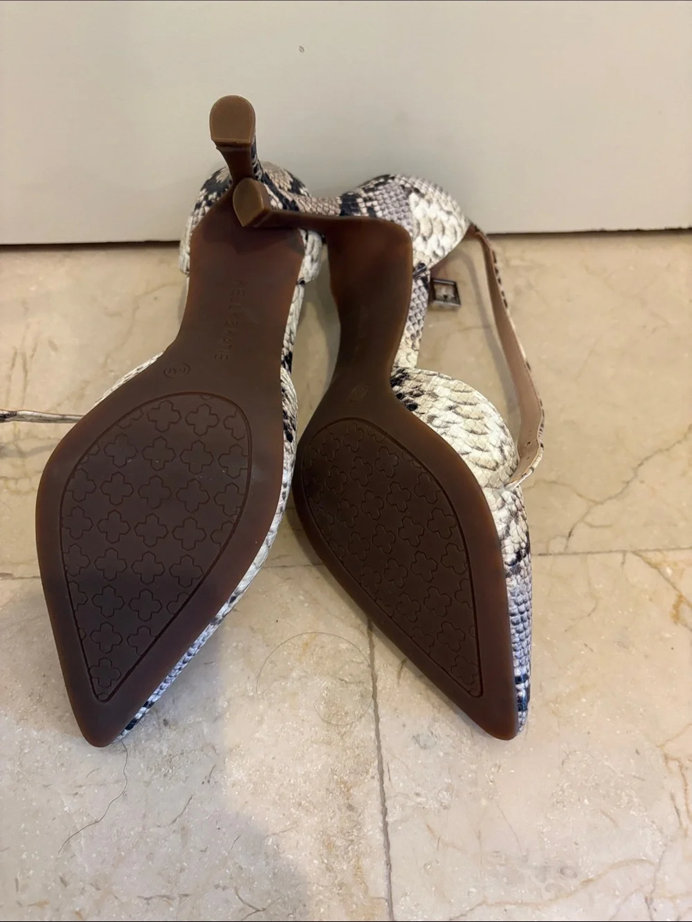 Kelly & Katie Snake-Print Pointed Toe Ankle-Strap Pumps in Black and Cream